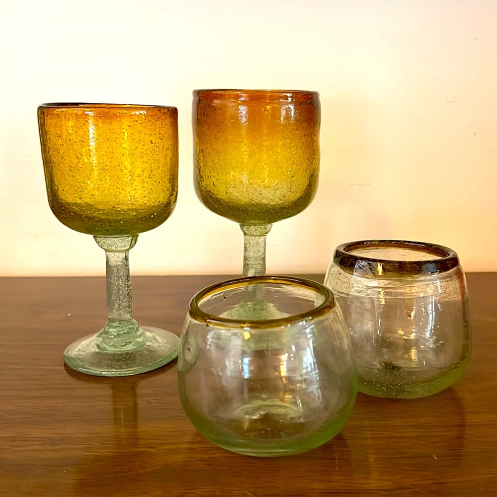 Vintage Hand blown glass set two goblets, two cups